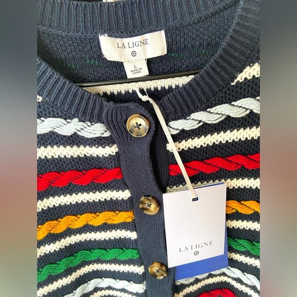 1X 🔖 LA LIGNE x Target Women's Textured Striped Cardigan Sweater Navy Red - Picture 11 of 16